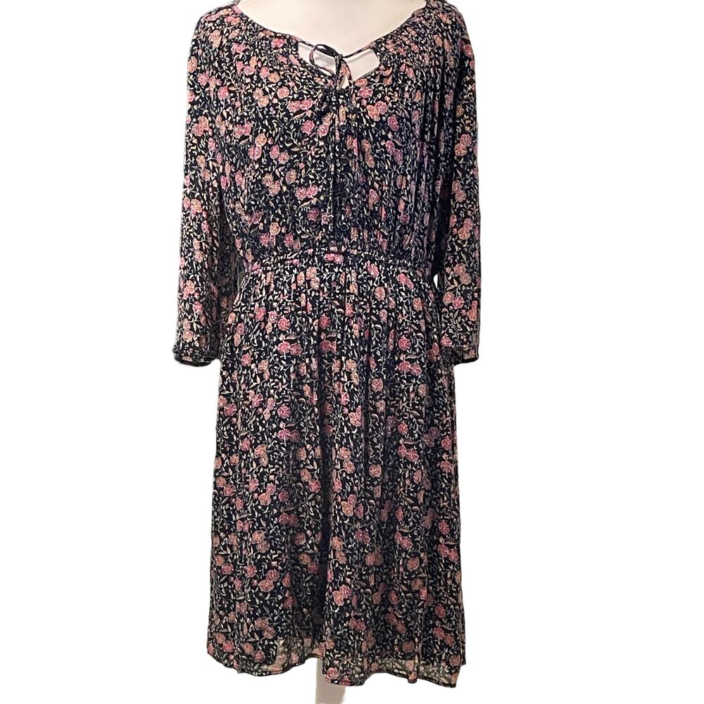Old Navy 3/4 Sleeve Black Dress with Small Orange Red Flowers Large Midi Length